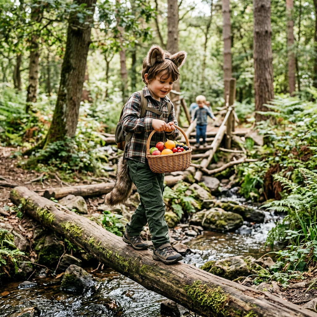 Child carrying a fruit basket across a mossy log over a forest stream