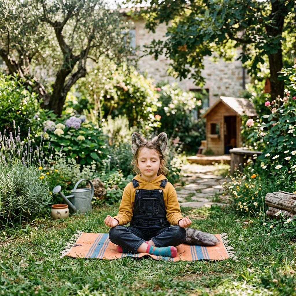 Child meditating on a mat in a flower-filled garden