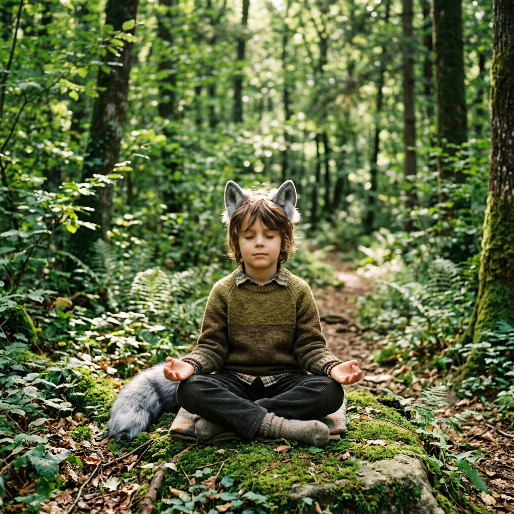 Child wearing fox ears meditating on a moss-covered forest path