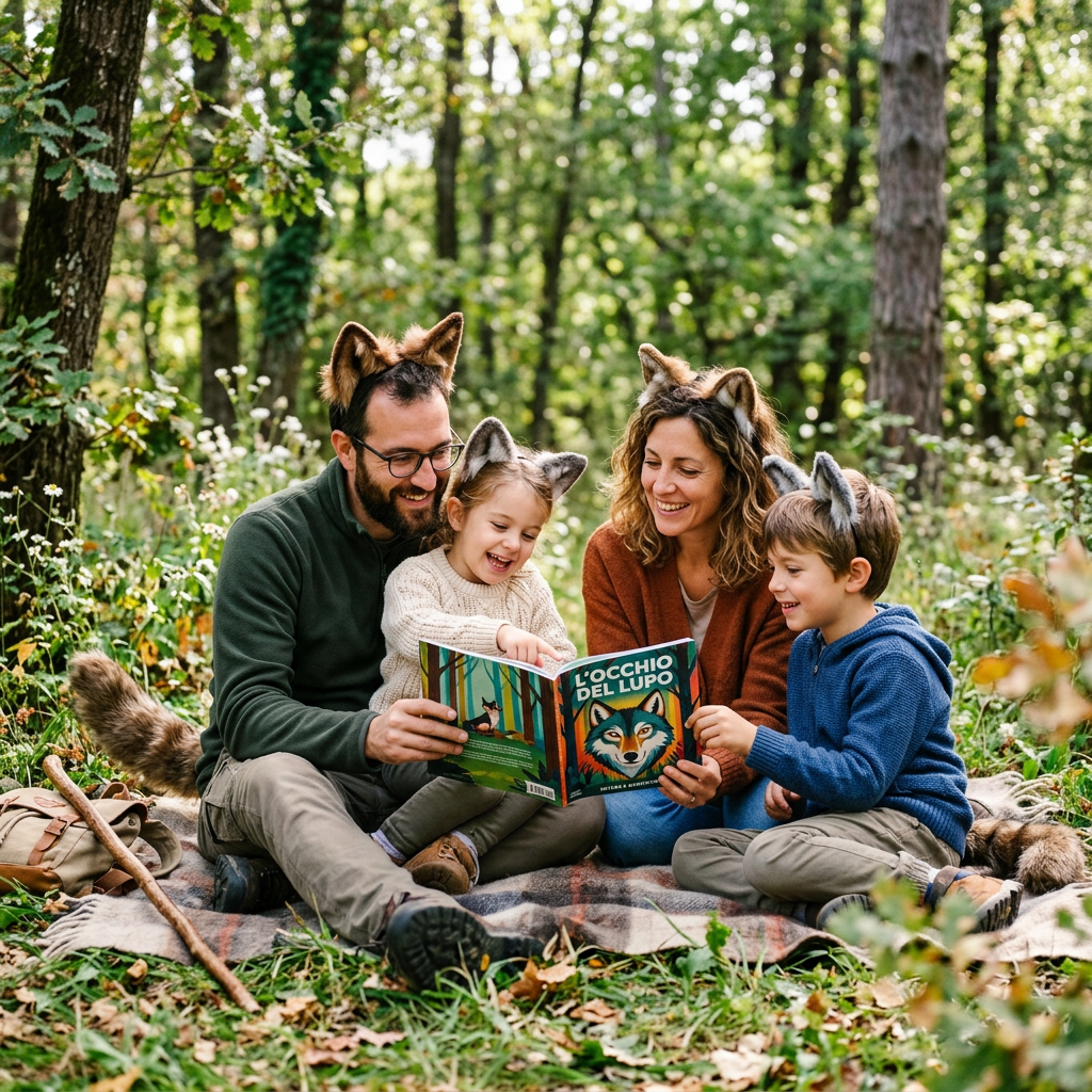 Family wearing wolf ears reads "L'OCCHIO DEL LUPO" on a forest blanket